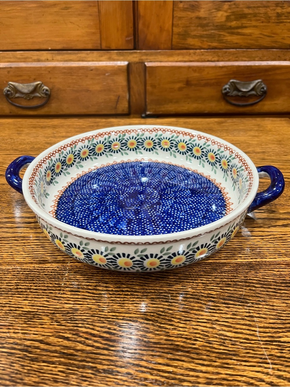 Vintage Polish Pottery Handled Baking Dish / Pie Plate – Floral Blue & White